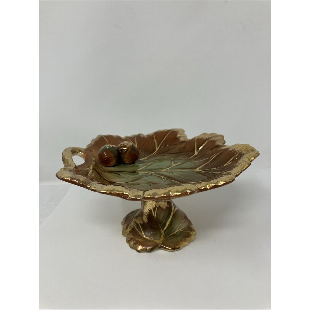 Vintage Enesco Oak Leaf 3D Acorns Footed Plate Candy Dish Nut Bowl Gilt Glossy